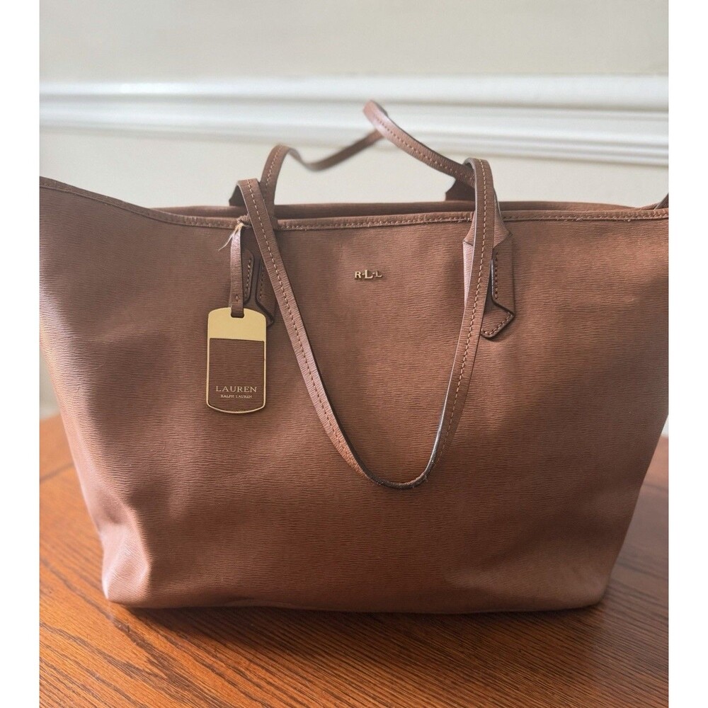 RALPH LAUREN FULL GRAIN LEATHER PURSE, DOUBLE HANDLE, ZIPPER, POCKET, BROWN, EUC